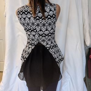 Ornate Print Sleeveless Blouse with draping tail